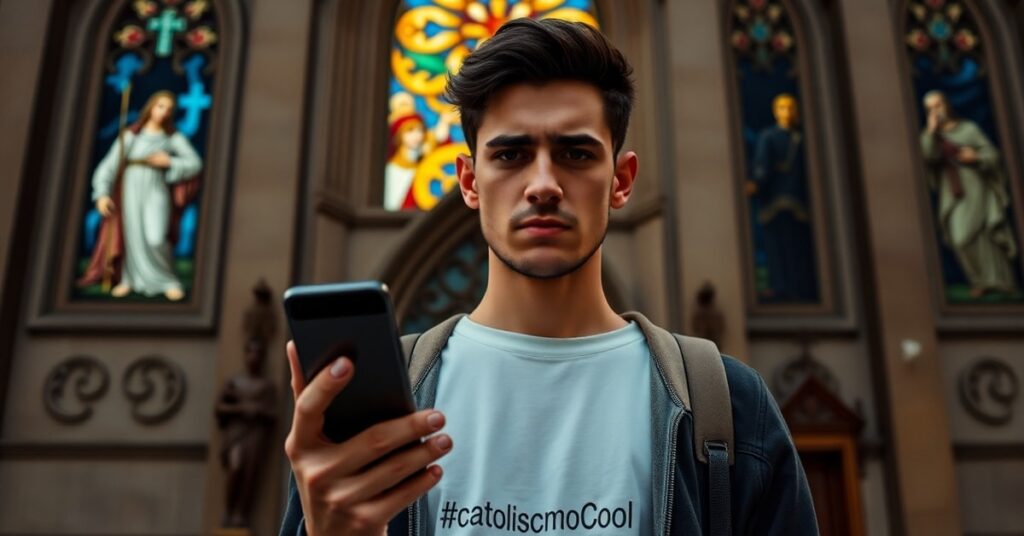 Młody Hiszpan stoi przed kościołem z telefonem w ręku, na ekranie hashtag #catolicismoCool. Kontrastuje z tradycyjnymi witrażami przedstawiającymi Chrystusa Króla.
