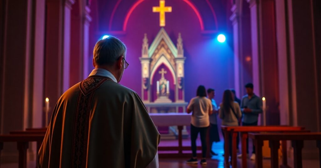 Tradycyjny kapłan katolicki w ornacie stoi przed ołtarzem w ciemnym kościele, podczas gdy na tle młodzież korzysta z muzyki i wydarzeń towarzyskich