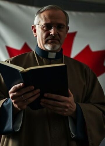 Katolicyzm wobec ingerencji zagranicznych w wyborach - tradycyjne spojrzenie Tradycyjny katolicyzm w kontekście polityki kanadyjskiej - ksiądz w ornacie z Biblią przed flagą Kanady.