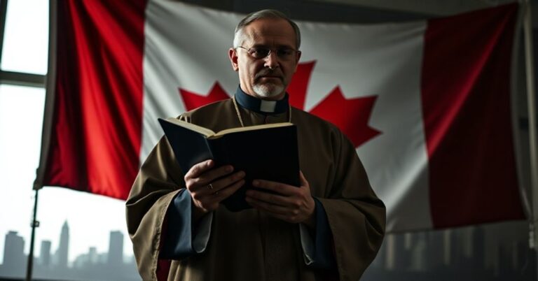 Tradycyjny katolicyzm w kontekście polityki kanadyjskiej - ksiądz w ornacie z Biblią przed flagą Kanady.