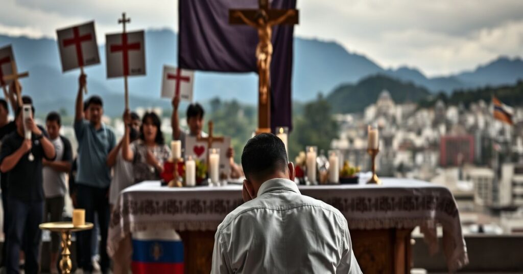 Katolicki polityk Juan Pablo Guanipa w modlitwie przed ołtarzem w tradycyjnym katolickim kościele na tle protestujących wenezuelskich wiernych.