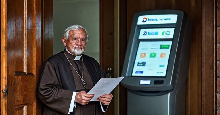 Kobieta w tradycyjnym stroju katolickim stoi przed drzwiami parafii z dokumentem w ręku, obok widać cyfrowy kiosk z logami ZUS i banku