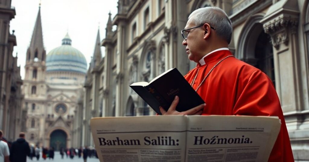 Katrzyk katolicki w tradycyjnej szacie liturgicznej stojący przed katedrą, trzymający Biblię i patrząc na budynek ONZ - symbol konfliktu między Bożym prawem a globalistycznymi politykami.