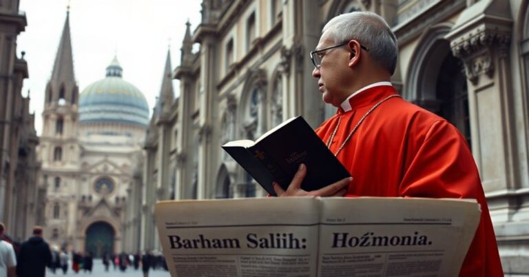 Katrzyk katolicki w tradycyjnej szacie liturgicznej stojący przed katedrą, trzymający Biblię i patrząc na budynek ONZ - symbol konfliktu między Bożym prawem a globalistycznymi politykami.
