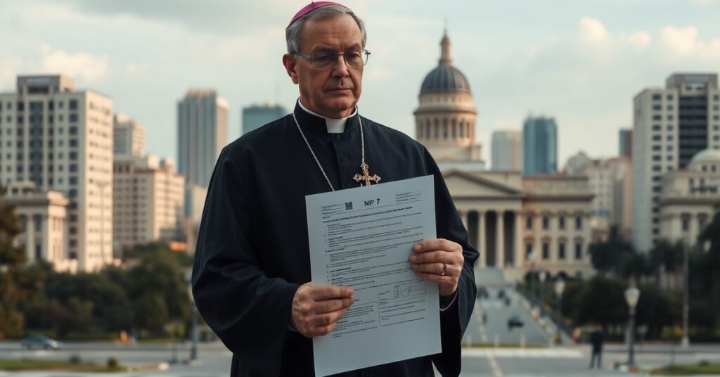 Człowiek w tradycyjnym stroju katolickim przed urzędem skarbowym z formularzem NIP-7, symbolizujący konflikt między biurokracją a prawem Bożym.