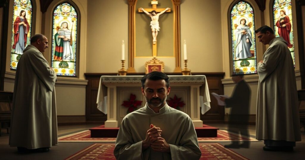 Katolik modli się w tradycyjnym wnętrzu kościoła z tabernakulum i krucyfiksem, podczas gdy w tle widoczne są symbole modernistycznej apostazji.