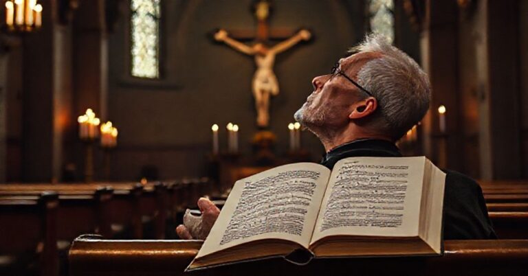 Tradycyjny katolik w modlitwie przed krzyżem w ciemnym kościele z książką Piotra Sikory w tle.
