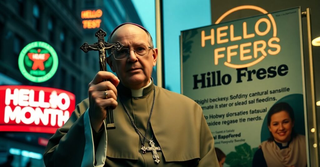 Katolicki mężczyzna modlący się przed reklamą HelloFresh w Miesiącu Dumy