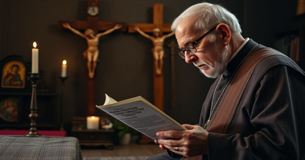 Stary katolicki mężczyzna modli się przed krzyżem, trzymając dokument z ZUS.