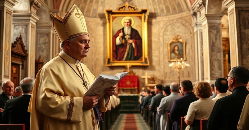 Tradycyjny katolicki ksiądz w ornaty przed smutną kongregacją w historycznej cerkwi greckokatolickiej.