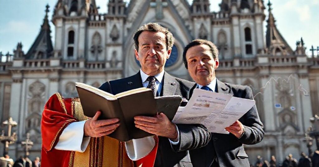 Ksiądz katolicki w tradycyjnych szatach stoi przed katedrą, trzymając książkę nauk moralnych, w kontrast z politykiem w garniturze otoczonym dokumentami i wykresami ekonomicznymi. Scena podkreśla relatywny światowski interes wobec głębokich wartości katolickich.