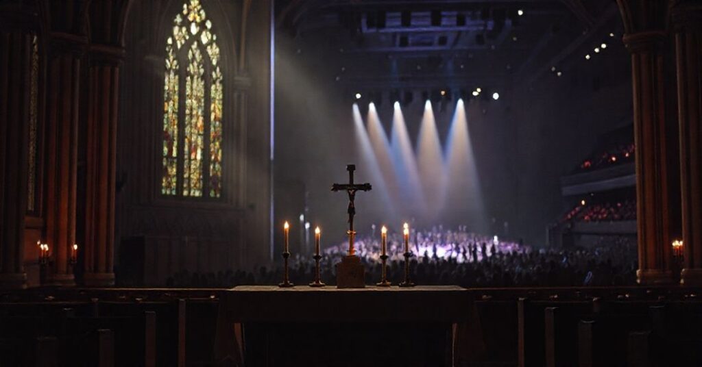 Kontrast między świętą katedrą a świeckim widowiskiem w Spodku