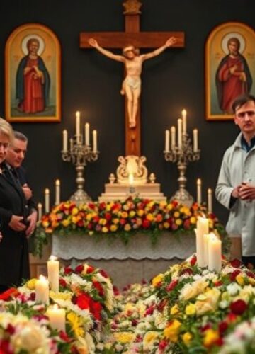 Pamięć o męczennikach kopalni Wujek – zapomniana misja Kościoła Uroczysty moment podczas zebrania Europejskiej Platformy Pamięci i Sumienia w Katowicach, gdzie uczestnicy składają kwiaty i zapalają znicze ku czci męczenników kopalni Wujek. Scena podkreśla potrzebę boskiej sprawiedliwości i pamięci zakorzenionej w Chrystusie Królu.