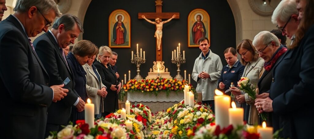 Uroczysty moment podczas zebrania Europejskiej Platformy Pamięci i Sumienia w Katowicach, gdzie uczestnicy składają kwiaty i zapalają znicze ku czci męczenników kopalni Wujek. Scena podkreśla potrzebę boskiej sprawiedliwości i pamięci zakorzenionej w Chrystusie Królu.