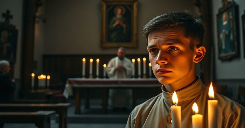 Poważne zdjęcie przedstawiające tradycyjną katolicką kaplicę z młym mężczyzną w przodzie wyglądającym zaskoczonym i smutnym podczas pseudolityrgii nowego porządku pod przewodnictwem abp. Andrzeja Przybylskiego.