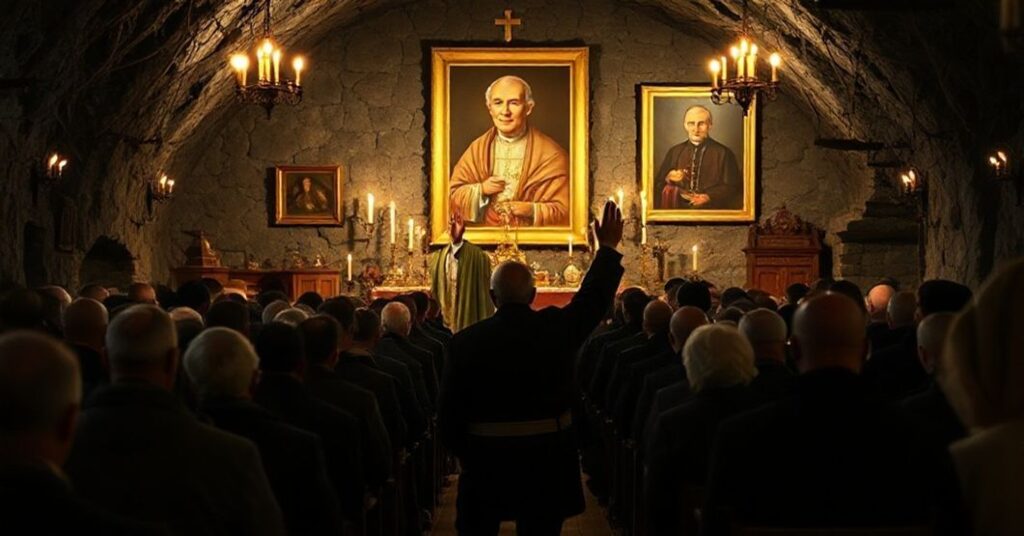 Ciemny wnętrze kaplicy górniczej w Katowicach z tradycyjnymi katolickimi ikonami i świecami. Klimat napięcia między modernistycznym humanizmem a tradycyjną dewocją.