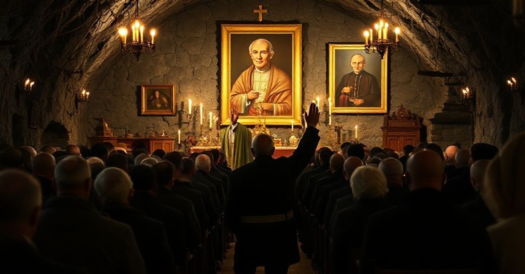 Ciemny wnętrze kaplicy górniczej w Katowicach z tradycyjnymi katolickimi ikonami i świecami. Klimat napięcia między modernistycznym humanizmem a tradycyjną dewocją.