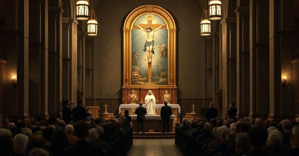 Wnętrze kościoła z dramatycznym oświetleniem przedstawiające fałszywą mszę i relatywizacyjne kazanie „abpa” Andrzeja Przybylskiego w archikatedrze w Katowicach.