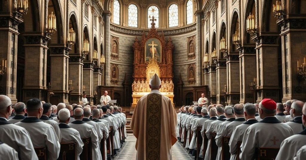Wnętrze katowickiej archikatedry z fałszywym biskupem przed ołtarzem w liturgicznych szatach, otoczony pustym ceremoniałem symbolizującym apostazję.