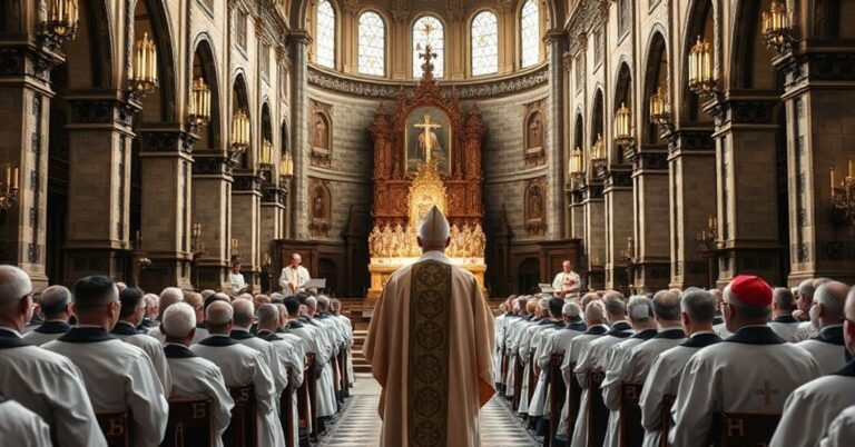 Wnętrze katowickiej archikatedry z fałszywym biskupem przed ołtarzem w liturgicznych szatach, otoczony pustym ceremoniałem symbolizującym apostazję.