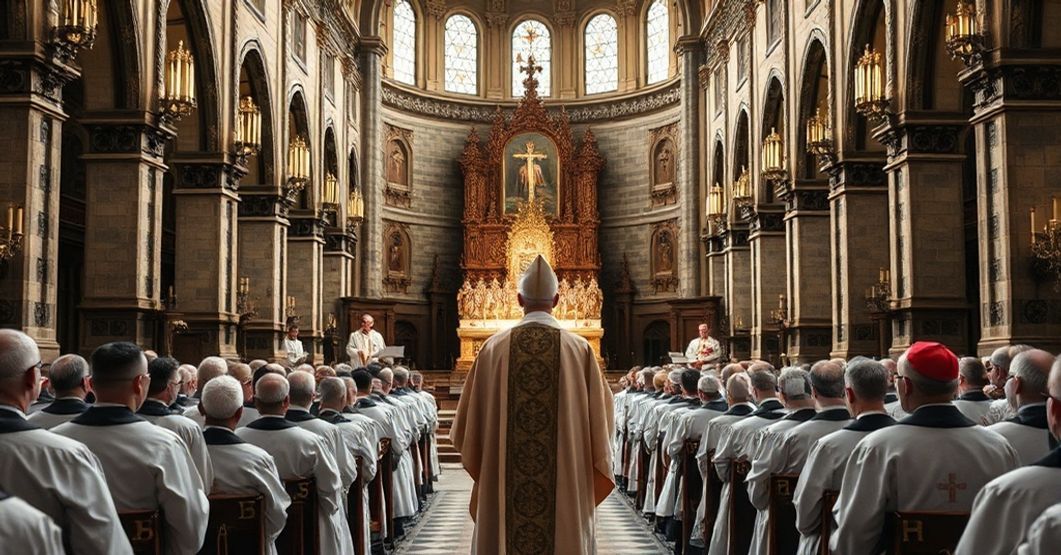 Wnętrze katowickiej archikatedry z fałszywym biskupem przed ołtarzem w liturgicznych szatach, otoczony pustym ceremoniałem symbolizującym apostazję.