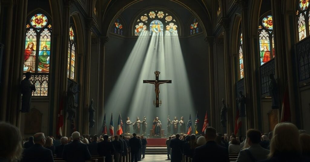 Wnętrze katedralne z cieniutką postacią Juliusza Ligonia w stroju szlacheckim, otoczoną przez laureatów nagrody Civitas Christiana w Panteonie Górnośląskim.