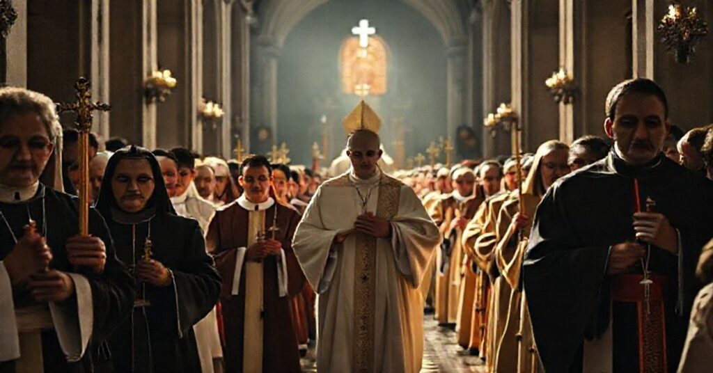 Pielgrzymka katolicka w tradycyjnym kościele z kontrastem wobec nowoczesnej farsy w Rzymie.