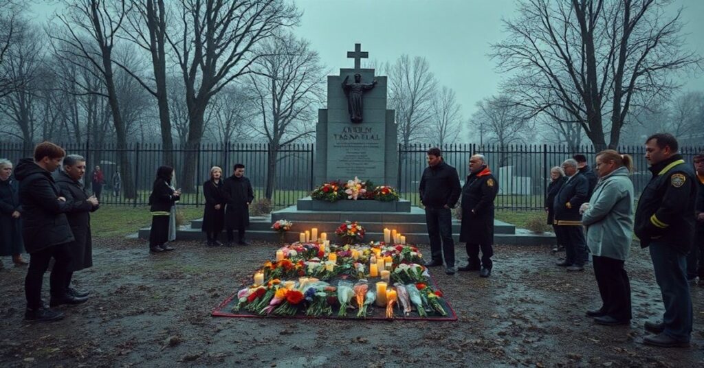 Pomnik ofiar katastrofy hali MTK w Katowicach z kwiatami i zniczami w tle smutnych rodziców i ratowników.