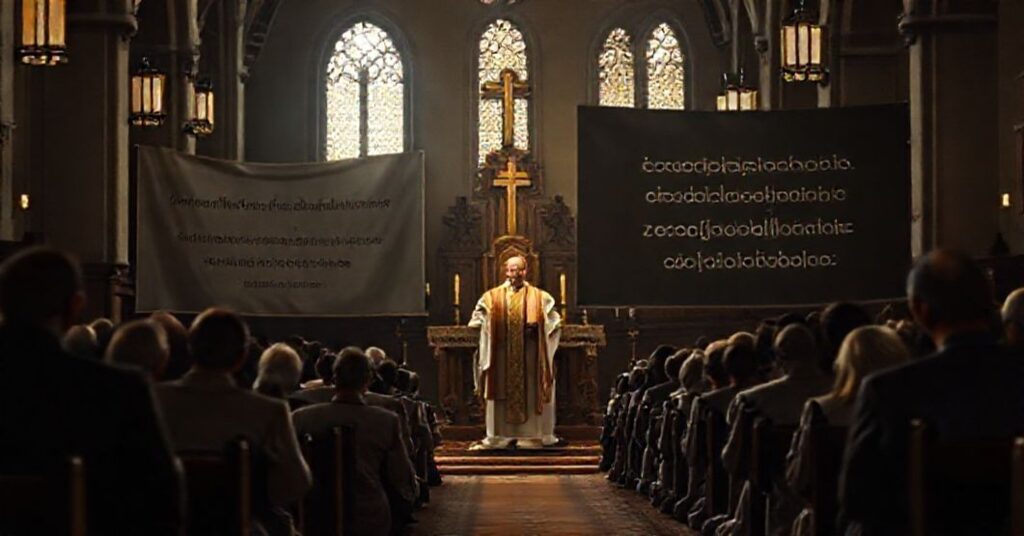 Realistyczny obraz tradycyjnego wnętrza katolickiego kościoła podczas uroczystej mszy z kapłanem w ornatach i wiernymi modlącymi się.