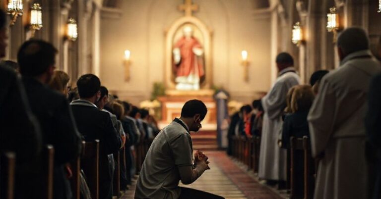 Młodzież modląca się w tradycyjnej katedrze katolickiej podczas zgromadzenia w Katowicach