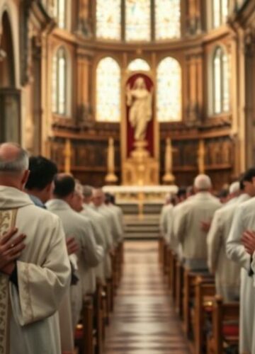 Tradycyjni katoliccy kapłani modlący się w sanktuarium Koncelebrowana grupa kapłanów modląca się w tradycyjnym kościele, wyrażająca żal i pokorę wobec nowoczesnych błędów w Kościele