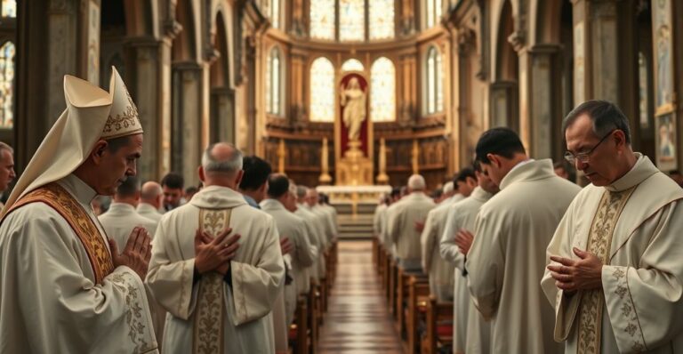 Koncelebrowana grupa kapłanów modląca się w tradycyjnym kościele, wyrażająca żal i pokorę wobec nowoczesnych błędów w Kościele