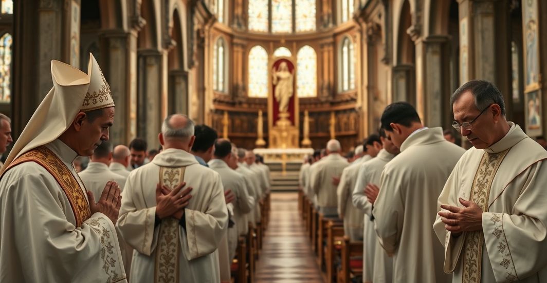 Tradycyjni katoliccy kapłani modlący się w sanktuarium Koncelebrowana grupa kapłanów modląca się w tradycyjnym kościele, wyrażająca żal i pokorę wobec nowoczesnych błędów w Kościele