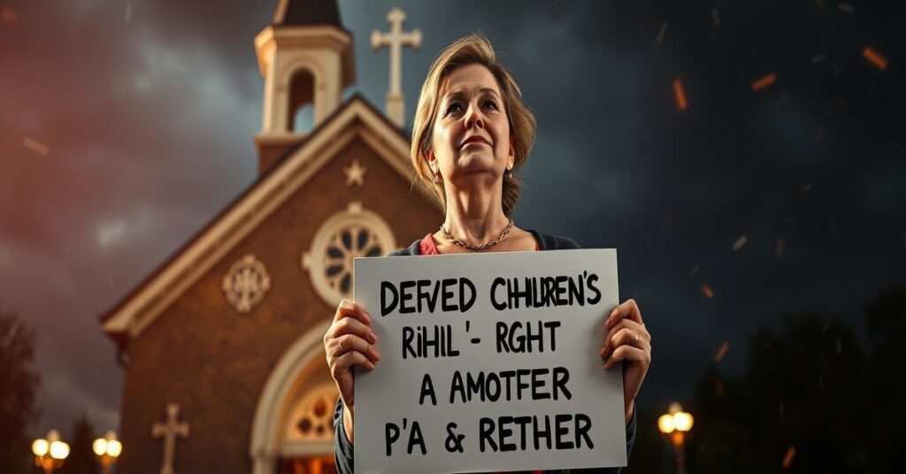 Katy Faust stoi przed tradycyjnym kościołem rzymskokatolickim z transparentem broniącym dzieci przed ideologią LGBT.