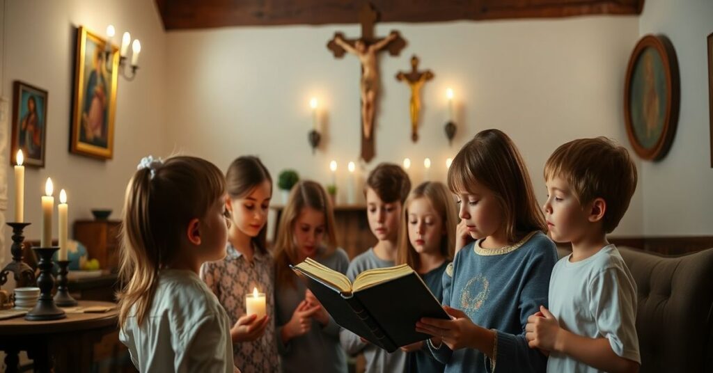 Katycki rodzina modli się w domowym ołtarzu otoczona ikonami i krzyżem.