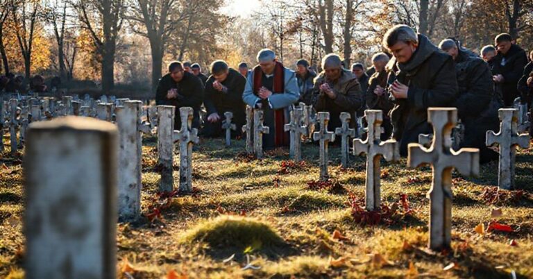 Scena na Polskim Cmentarzu Wojennym w Katyniu z profanowanymi grobami polskich oficerów. Katolicy modlą się przed usuniętymi symbolami i krzyżami Virtuti Militari.