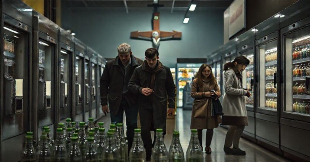 Zdjęcie przedstawiające sklep Kaufland z automatami na zwrot butelek, symbolizujące pustkę duchową materialistycznych 'ekologicznych' rozwiązań.