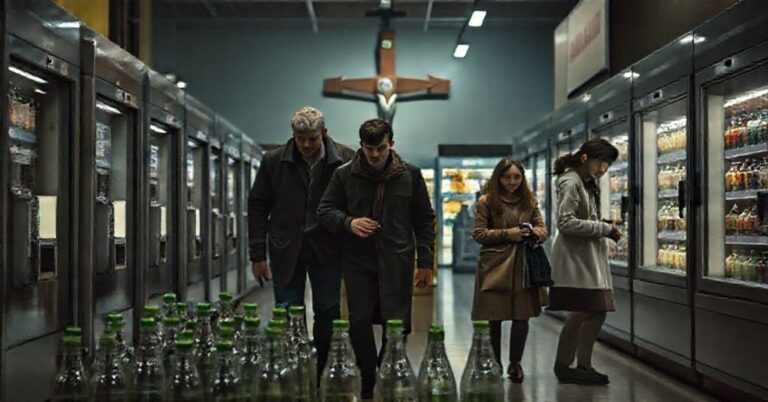 Zdjęcie przedstawiające sklep Kaufland z automatami na zwrot butelek, symbolizujące pustkę duchową materialistycznych 'ekologicznych' rozwiązań.