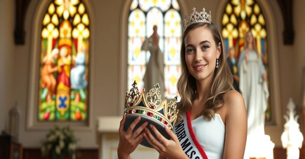 Portret Kayleigh Bush stojącej przed kościołem katolickim z koroną w dłoniach, symbolizującą jej utracony tytuł Miss North Florida. Scena ukazuje jej wiarę i odwagę w obronie prawdy o kobiecie.