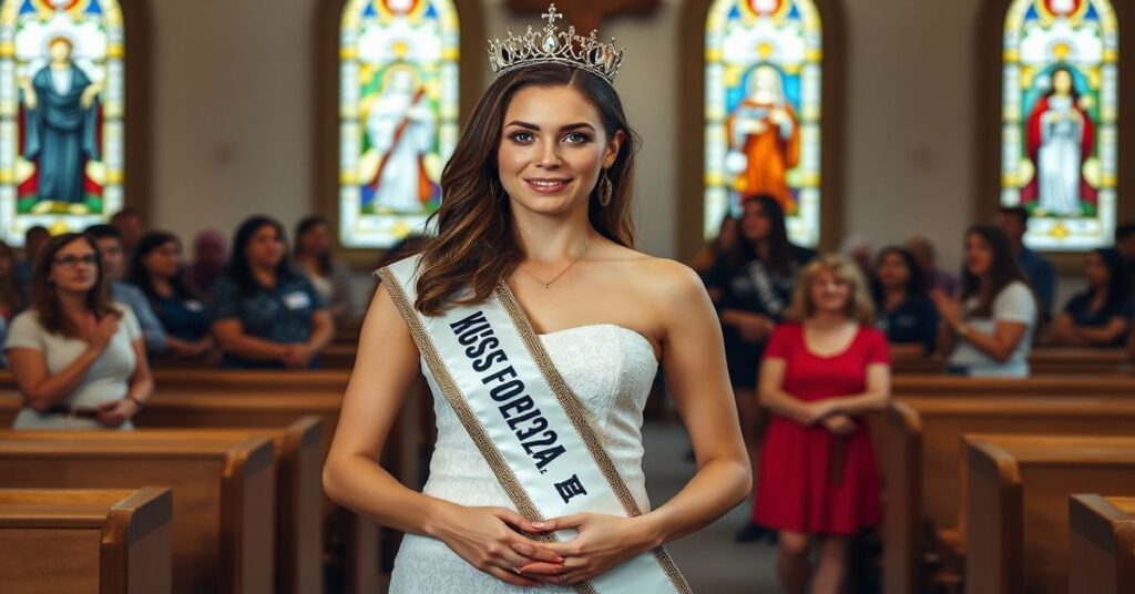 Kayleigh Bush z pasem 'Miss North Florida 2025' w kościele, otoczona przez aktywistów genderowych.