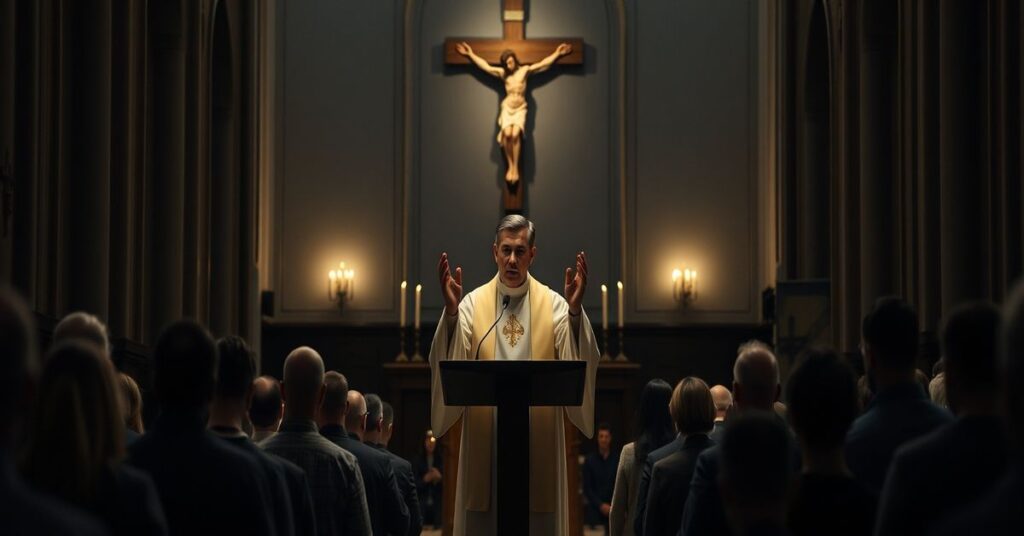 Katedra z wnętrzem o poważnej atmosferze. Kapłan w sutannie kaznodzieje przy ambonie, wyróżniając sakramenty jako jedyne drogi do zbawienia.