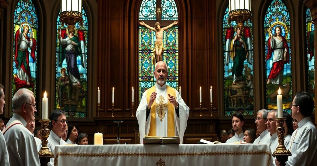 Tradycyjny katolicki kościół z kapłanem w ornaty podczas kazania, z krucyfiksem i księgami liturgicznymi po stronie. W tle witraże z biblijnymi scenami.