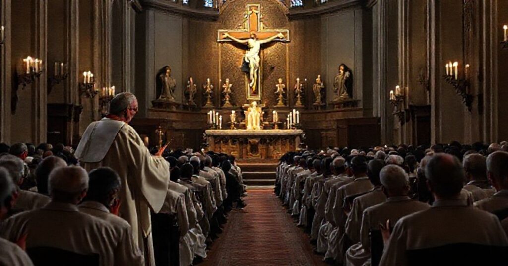 Grupa katolickich duchownych i wiernych modli się w dawnej katedrze podczas kazania o potępieniu lichwy.