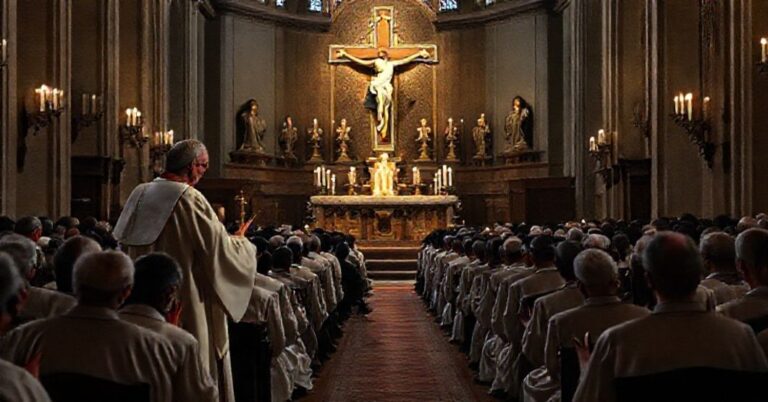 Grupa katolickich duchownych i wiernych modli się w dawnej katedrze podczas kazania o potępieniu lichwy.