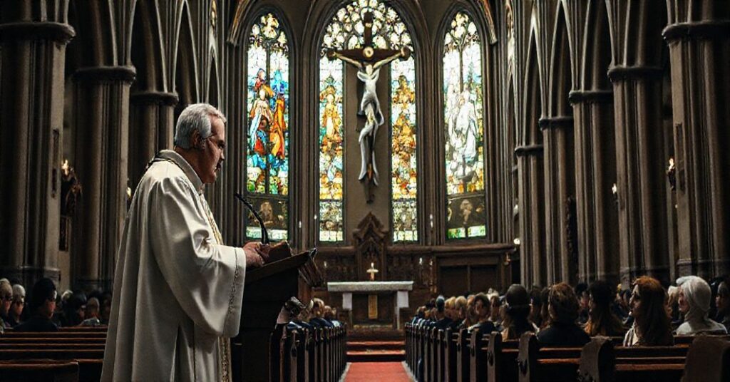 Tradycyjny książ katolicki wygłaszający kazanie w wielkiej kościole z krucyfiksem i witrażami na tle.