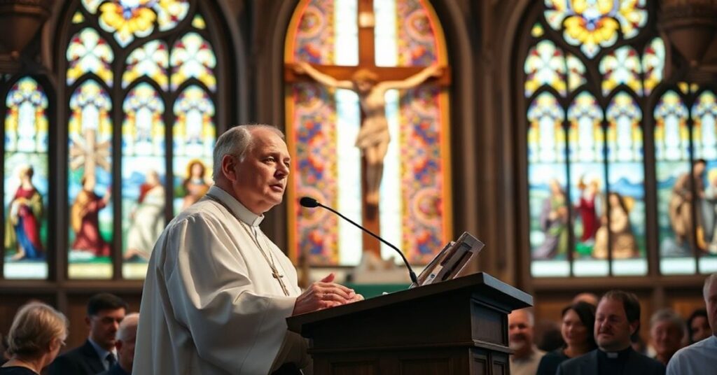 Ksiądz wygłasza emocjonalną kazań o świętości życia w tradycyjnym kościele z witrażami przedstawiającymi biblijne sceny
