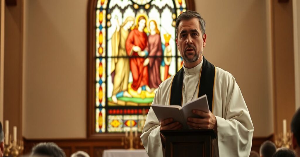 Ksiądz w tradycyjnych szatach liturgicznych wygłaszający kazanie w kościele z witrażem przedstawiającym Najświętszą Trójcę.