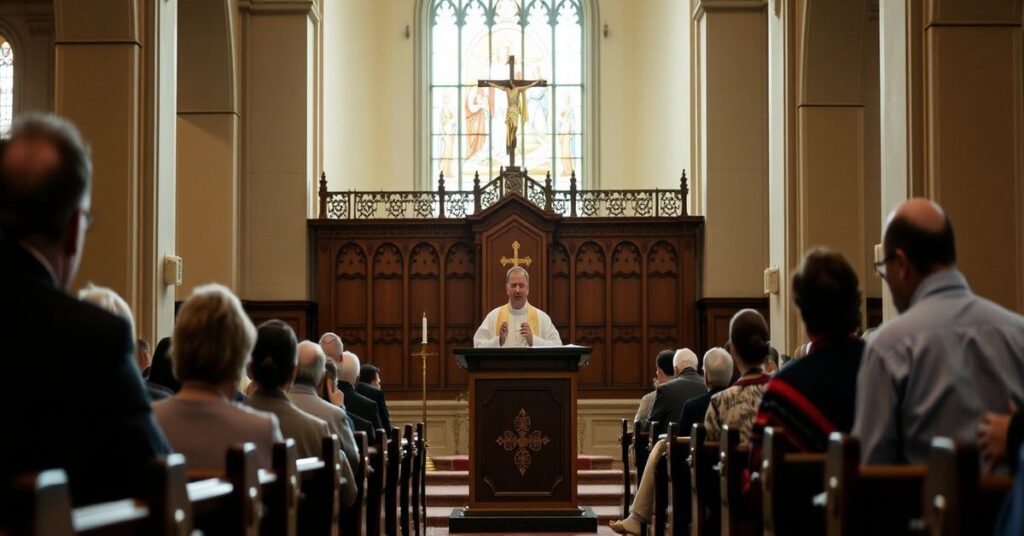 Tradycyjni katolicy modląc się podczas kazania w Bazylice Mariackiej w Krakowie, z ołtarzem i witrażem przedstawiającym Zwiastowanie.