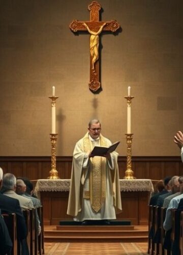 Realistyczna scena kazania w tradycyjnej świątyni katolickiej Catholic ksiądz głosi kazanie w tradycyjnej świątyni, wierni słuchają uważnie, scena pełna powagi i wiary, odzwierciedlająca krytykę modernistycznej apostazji