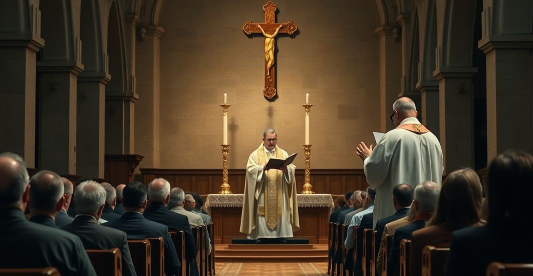 Catholic ksiądz głosi kazanie w tradycyjnej świątyni, wierni słuchają uważnie, scena pełna powagi i wiary, odzwierciedlająca krytykę modernistycznej apostazji
